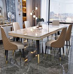 Bàn ăn mặt đá marble nhân tạo, khung sắt, nẹp inox mạ titan vàng BA112