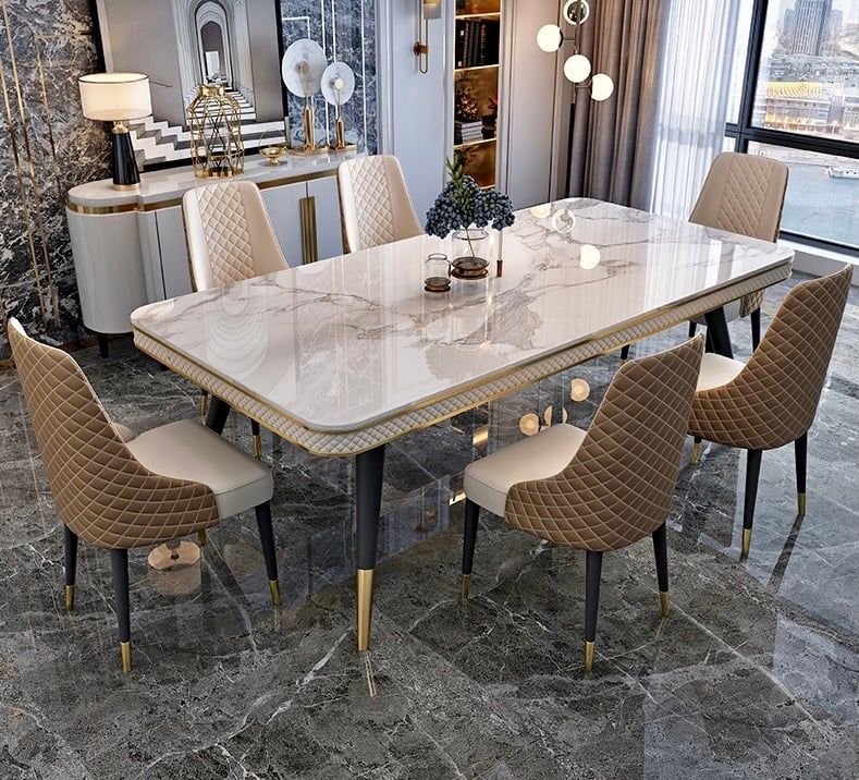 Bàn ăn mặt đá marble nhân tạo, khung sắt, nẹp inox mạ titan vàng BA112