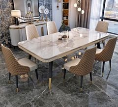 Bàn ăn mặt đá marble nhân tạo, khung sắt, nẹp inox mạ titan vàng BA112