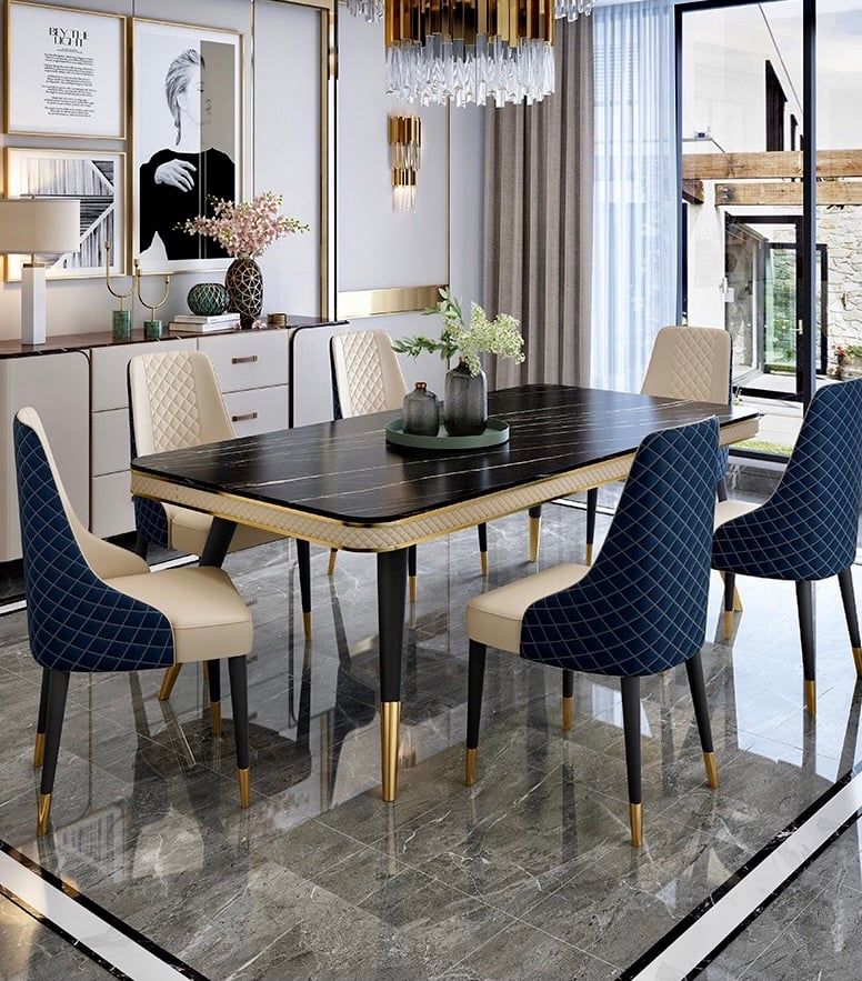 Bàn ăn mặt đá marble nhân tạo, khung sắt, nẹp inox mạ titan vàng BA112