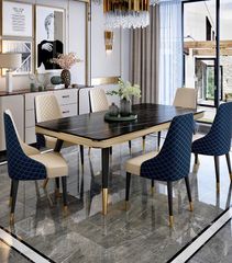 Bàn ăn mặt đá marble nhân tạo, khung sắt, nẹp inox mạ titan vàng BA112