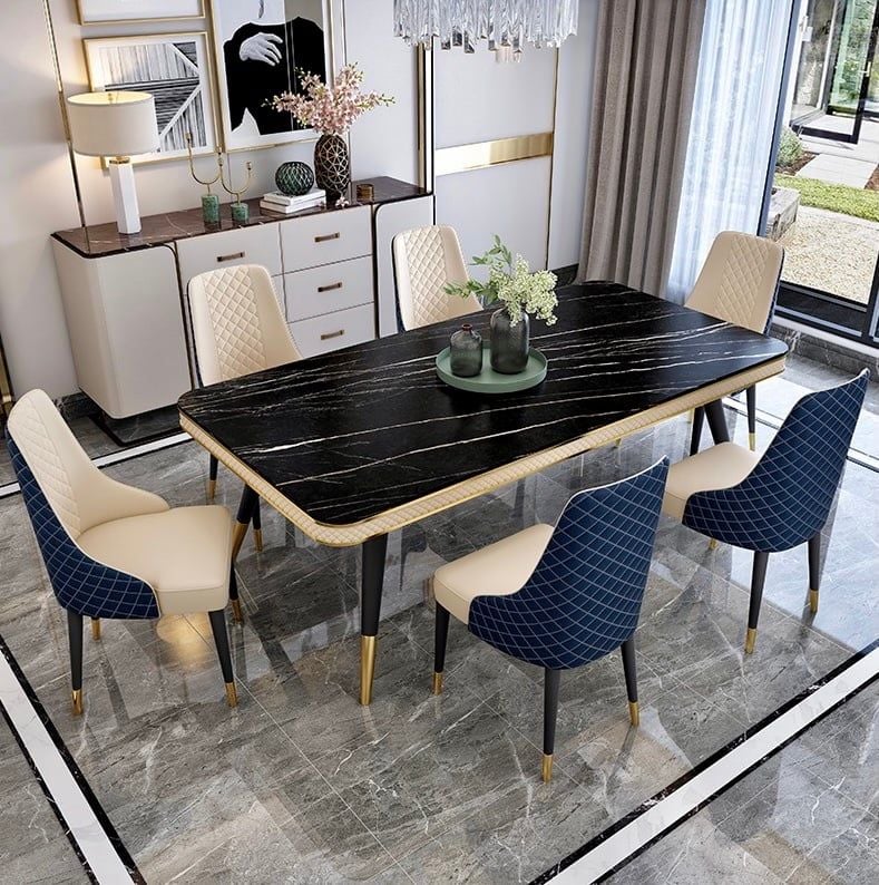 Bàn ăn mặt đá marble nhân tạo, khung sắt, nẹp inox mạ titan vàng BA112