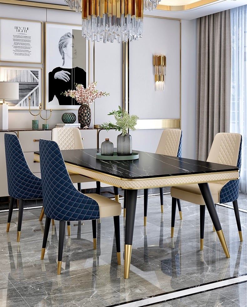 Bàn ăn mặt đá marble nhân tạo, khung sắt, nẹp inox mạ titan vàng BA112