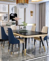 Bàn ăn mặt đá marble nhân tạo, khung sắt, nẹp inox mạ titan vàng BA112