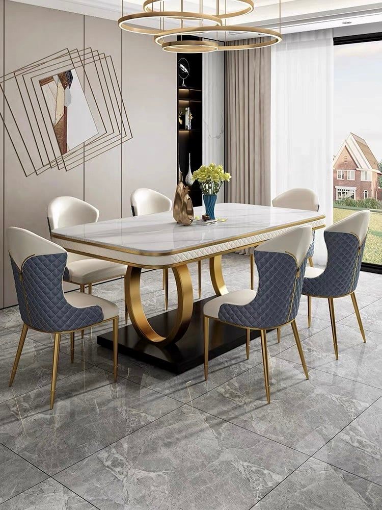 Bàn ăn mặt đá marble nhân tạo, thép sơn tỉnh điện, khung inox mạ titan vàng BA0019