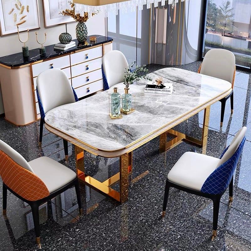 Bàn ăn mặt đá marble nhân tạo, khung inox mạ titan vàng BA030