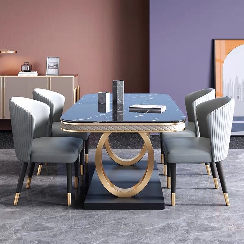 Bàn ăn mặt đá marble nhân tạo, thép sơn tỉnh điện, khung inox mạ titan vàng BA0019