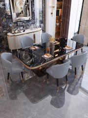 Bàn ăn mặt đá marble nhân tạo, thép sơn tỉnh điện, khung inox mạ titan vàng BA0019