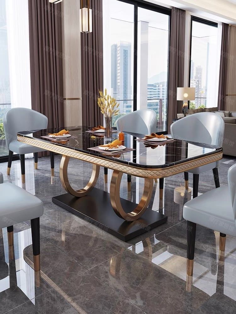 Bàn ăn mặt đá marble nhân tạo, thép sơn tỉnh điện, khung inox mạ titan vàng BA0019