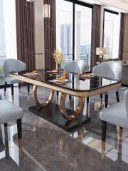 Bàn ăn mặt đá marble nhân tạo, thép sơn tỉnh điện, khung inox mạ titan vàng BA0019