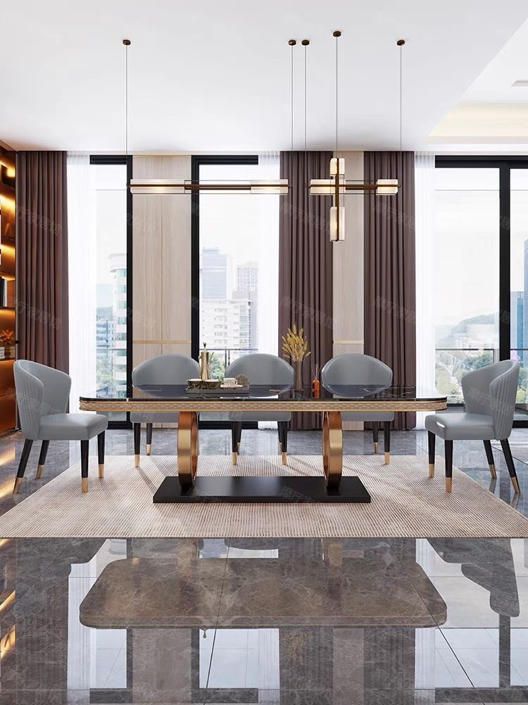 Bàn ăn mặt đá marble nhân tạo, thép sơn tỉnh điện, khung inox mạ titan vàng BA0019