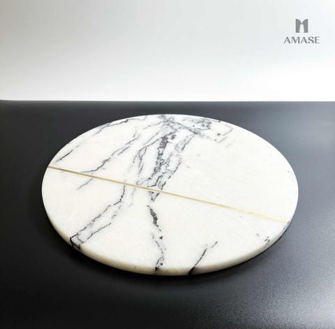 Khay Đá Marble Viền Kim Loại Trang Trí Cao Cấp - Hình Tròn Màu Trắng