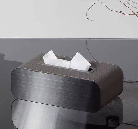 Hộp đựng khăn giấy thép đen bọc da nâu