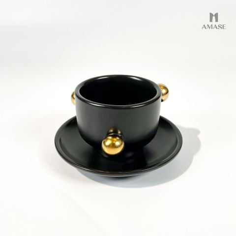 Set ly và đĩa lót phối họa tiết pompom - Màu đen