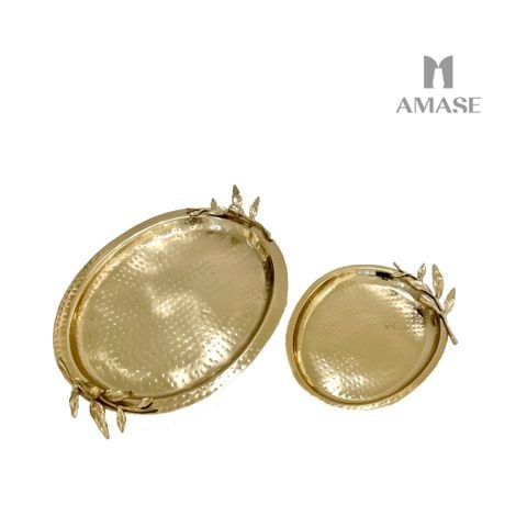 Khay thép oval phối họa tiết cành oliu - Màu gold