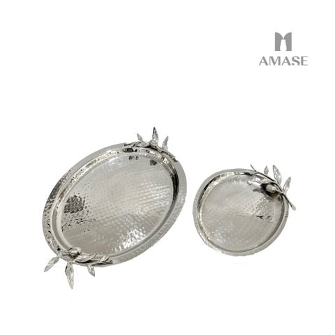 Khay thép oval phối họa tiết cành oliu - Màu silver