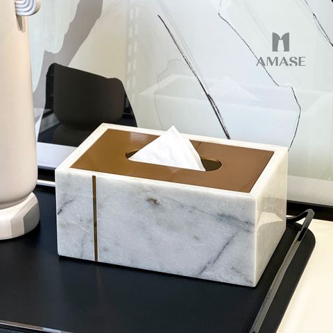 Hộp Đựng Khăn Giấy Bằng Đá Marble Nắp Kim Loại Cao Cấp - Hình Chữ Nhật Màu Trắng