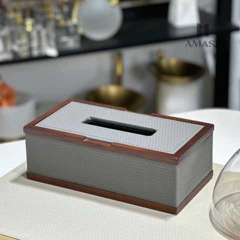 Hộp Khăn Giấy Viền Da Phối Gỗ Màu Xám