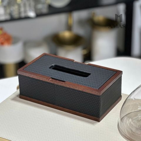 Hộp Khăn Giấy Viền Da Phối Gỗ Màu Đen