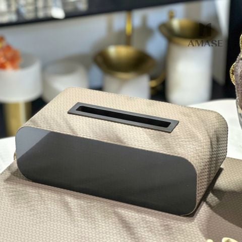 Hộp Khăn Giấy Thép Đen Bọc Da Xám