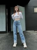  Quần jeans nữ HQJeans dáng suông ống rộng thiết kế gấp ngược gấu mới lạ phong cách thời trang trang nhã 