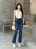  HQJeans Quần jeans ống loe nữ lưng siêu cao 3 cúc đai chéo mẫu thiết kế mới HQ166 