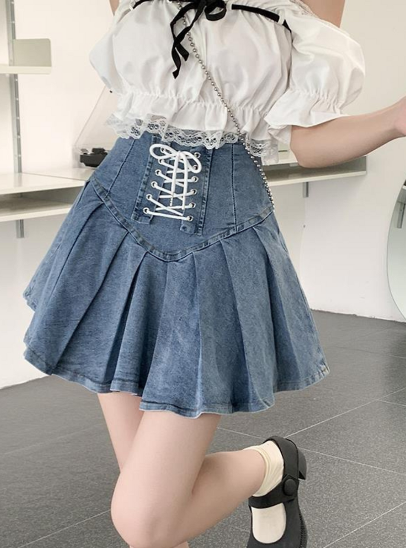  Chân váy jeans HQJeans bảng lớn thắt dây dáng xèo bên trong có short 