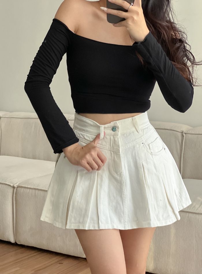  HQJeans Chân váy jeans cotton xếp ly dáng A xòe may nét bên trong có short jeans mẫu thiết kế mới HQ169 