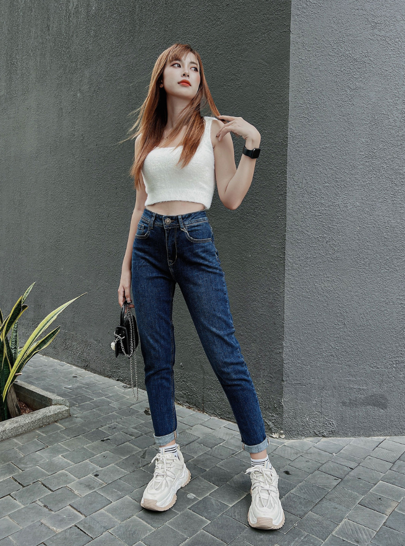  Quần jean nữ boyfriend baggy trơn dài đen và trắng co giãn HQJEANS 