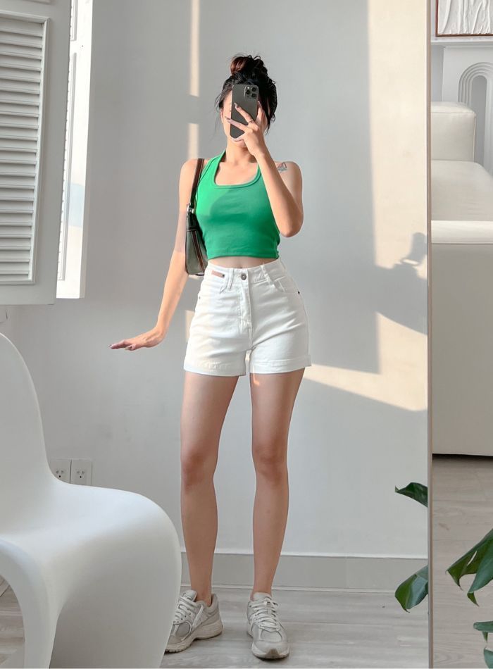  Quần đùi short jeans trắng lưng siêu cao tôn dáng co giãn 4 chiều ôm eo thoải mái mẫu thiết kế HQJeans HQ101 