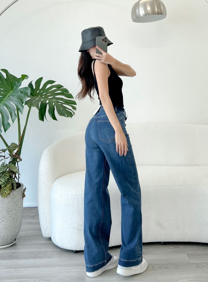  Quần jeans ống suông lưng cao ôm dáng tag v dáng dài lai 3 phân co giãn mẫu thiết kế mới HQJeans HQ102 