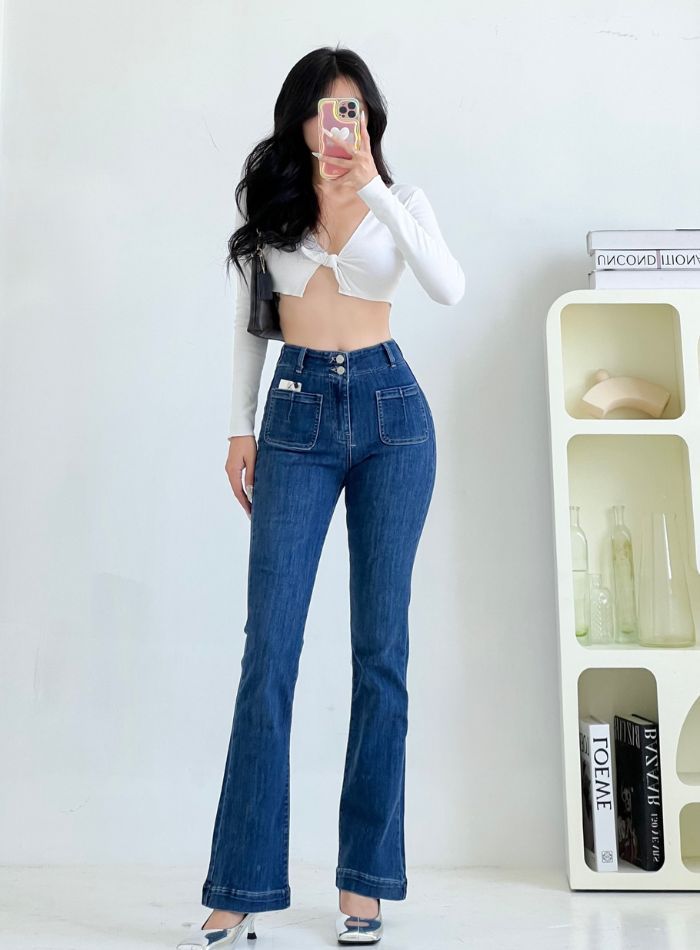  Quần jeans ống loe lưng cao túi trước lai 3 phân co giãn thoải mái chất lượng xuất khẩu HQJeans HQ106 