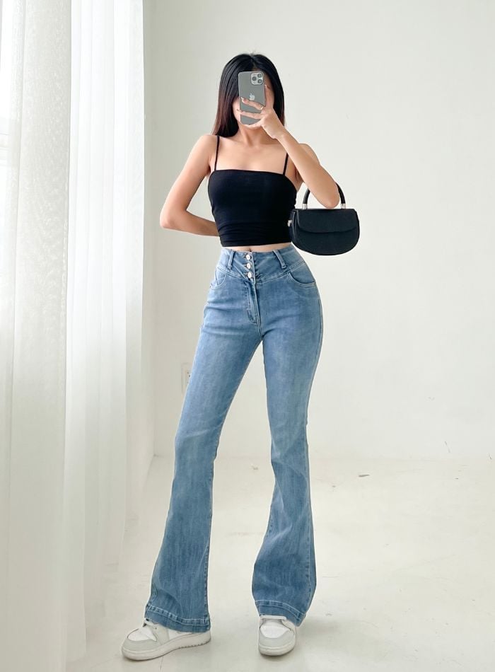 Quần jeans ống loe nữ dáng dài lưng 3 cúc siêu cao co giãn thoải mái c –  HQJeans