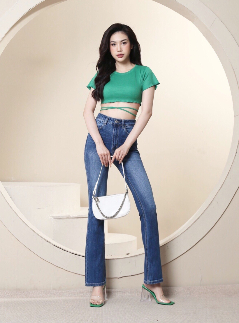  Quần Jean Nữ Ống Loe Lưng Cao Co Giãn Trơn Dài Quá Gót Gấu Thường HQJeans HQ53 