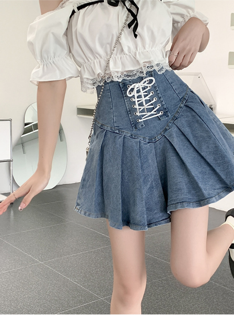  Chân váy jeans HQJeans bảng lớn thắt dây dáng xèo bên trong có short 