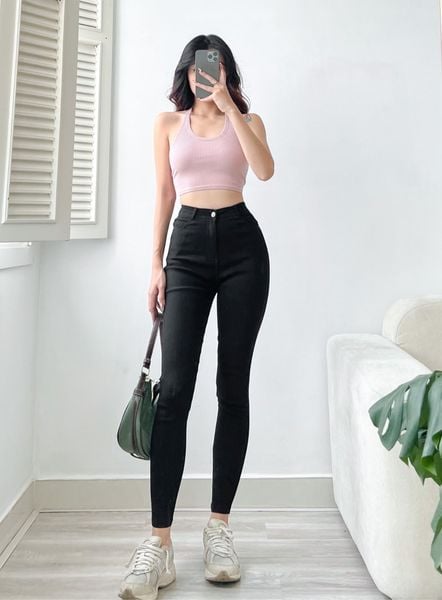  HQJeans Quần legging đen chất kaki siêu co giãn lưng siêu cao ôm dáng đơn giãn dễ mang HQ142 