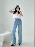  Quần jeans suông đứng dáng dài lưng cao 2 cúc đai lệch jeans mềm co giãn mẫu thiết kế mới nhất HQ104 