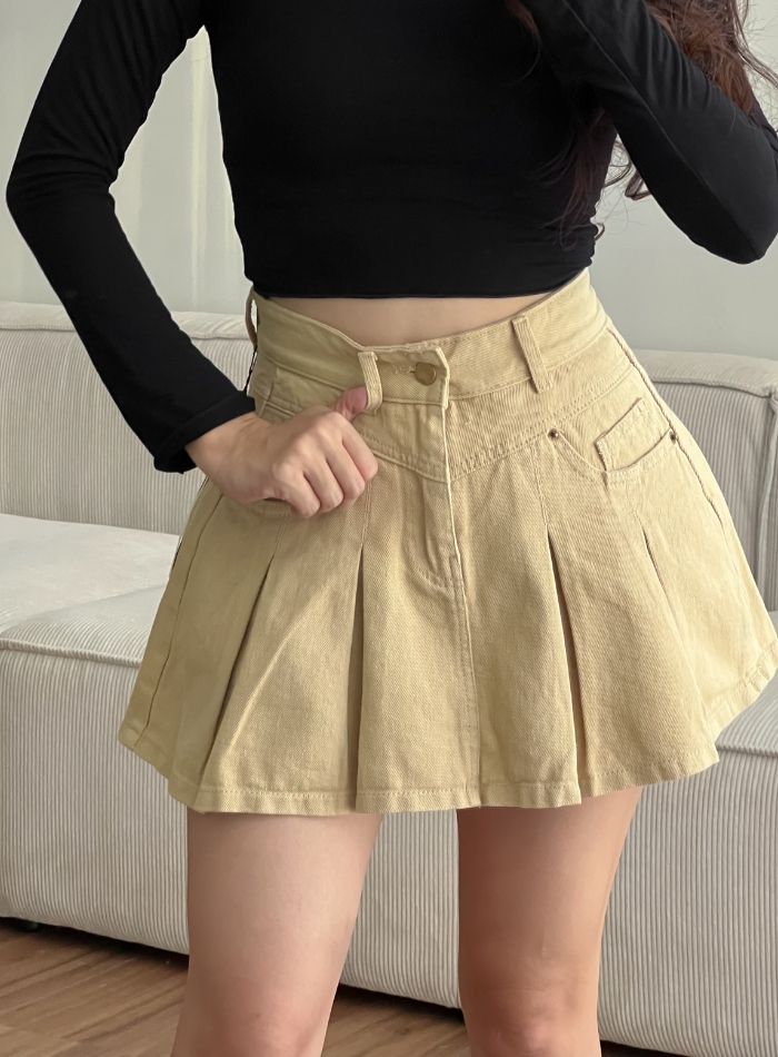  HQJeans Chân váy jeans cotton xếp ly dáng A xòe may nét bên trong có short jeans mẫu thiết kế mới HQ169 