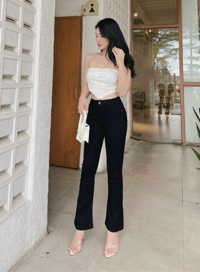  HQJeans Quần jeans nữ ống loe đen trắng chất mềm mịn co giãn cao cấp mẫu mới HQ168 