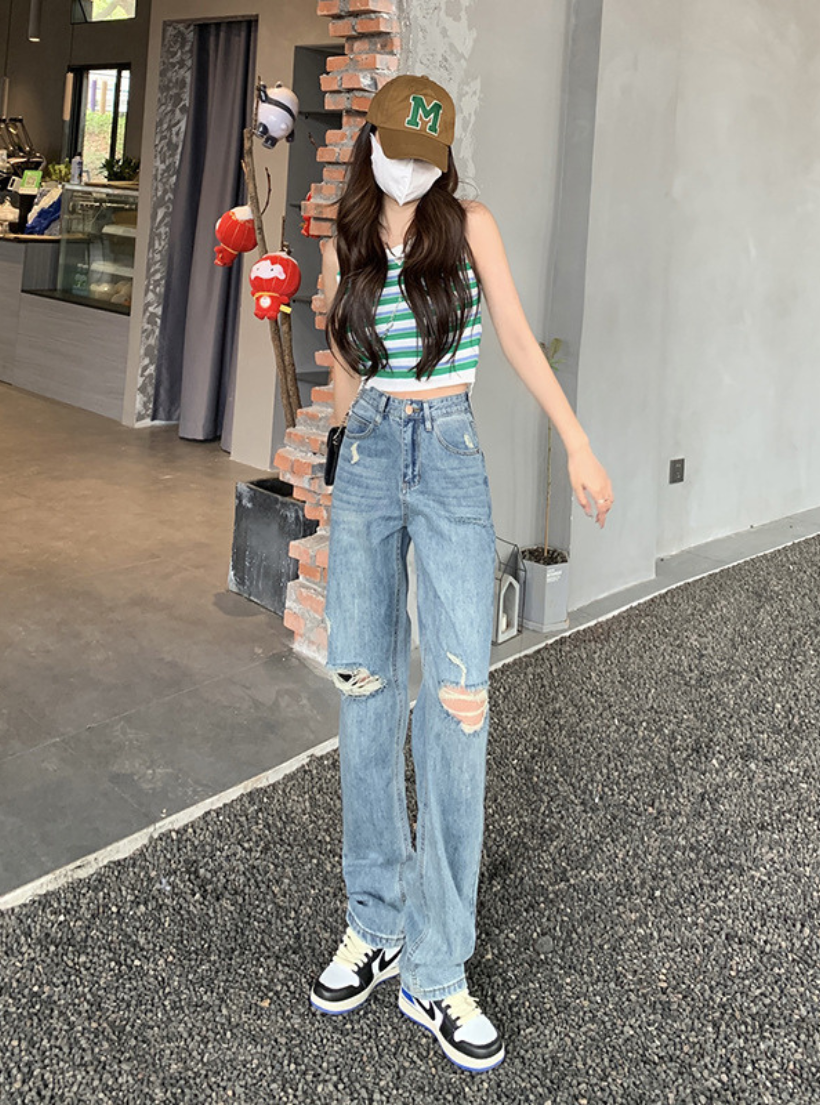  Quần jeans nữ suông đứng dài rách gối HQJeans mới nhất 