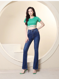  Quần Jean Nữ Ống Loe Lưng Cao Co Giãn Trơn Dài Quá Gót Gấu Thường HQJeans HQ53 