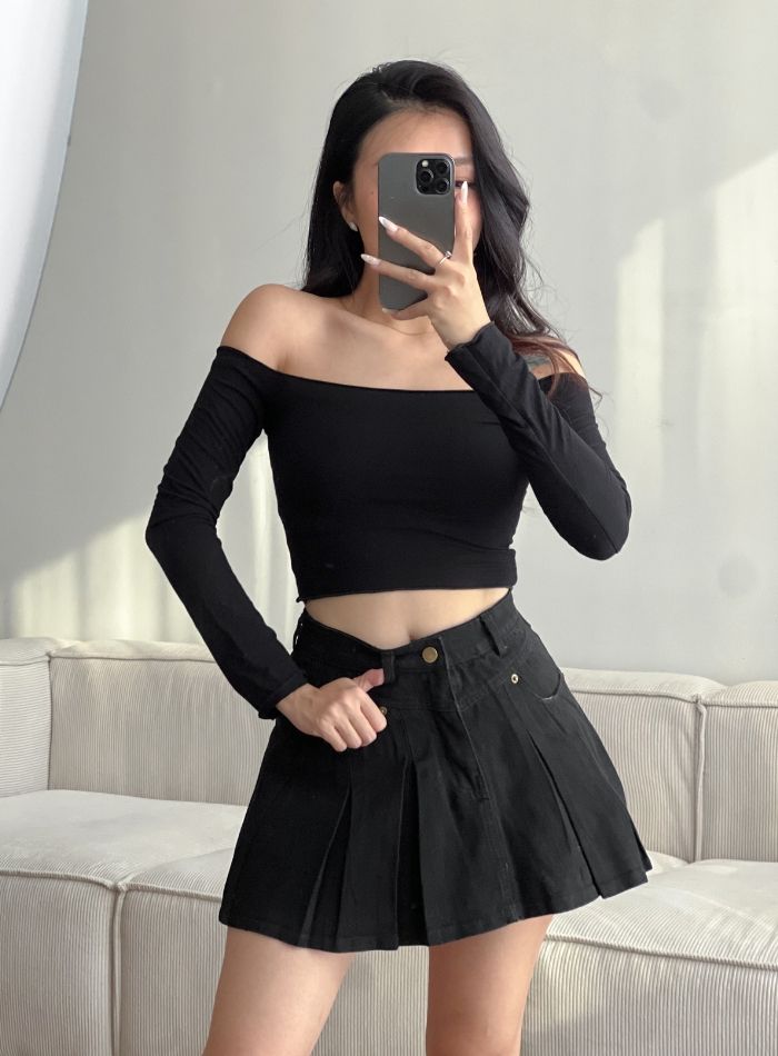  HQJeans Chân váy jeans cotton xếp ly dáng A xòe may nét bên trong có short jeans mẫu thiết kế mới HQ169 