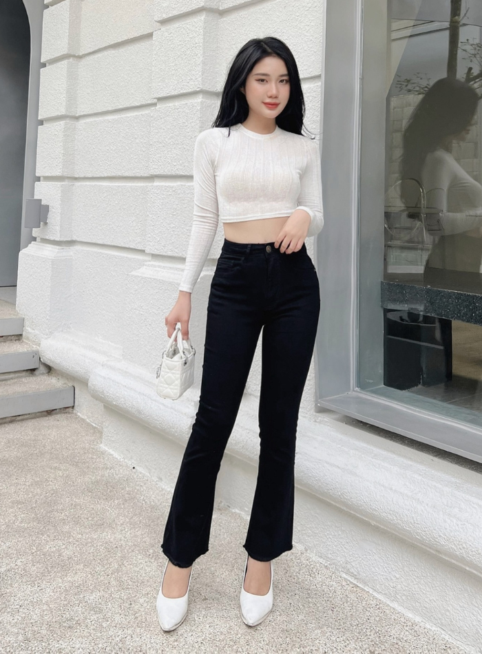 Quần jeans ống loe nữ đen và trắng dáng dài lai cắt co giãn tốt HQJeans mẫu thiết kế HQ81 