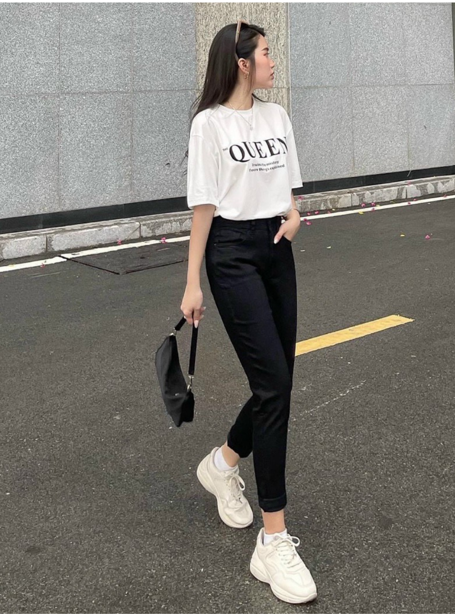  Quần jean nữ boyfriend baggy trơn dài đen và trắng co giãn HQJEANS 