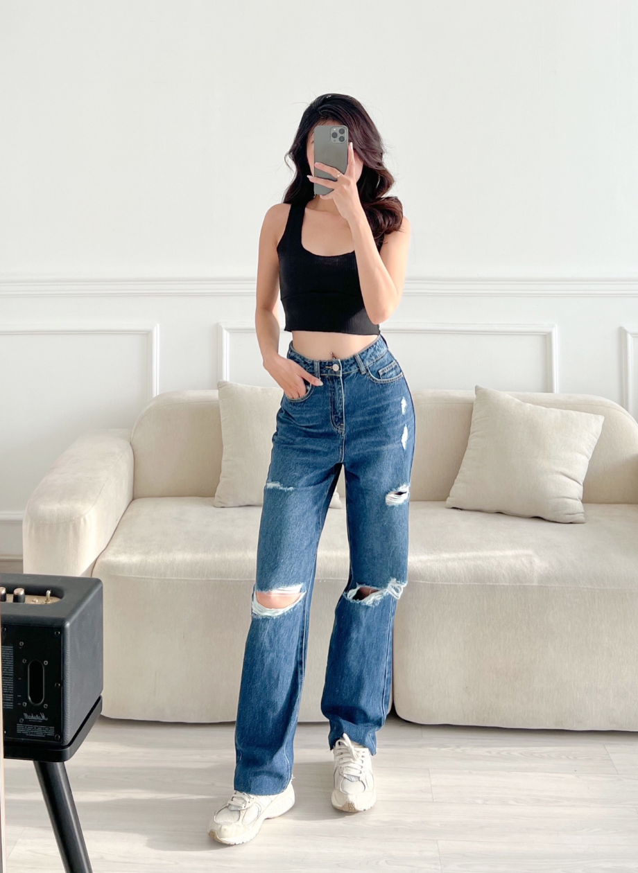 Quần jeans nữ suông đứng dài rách gối HQJeans mới nhất 