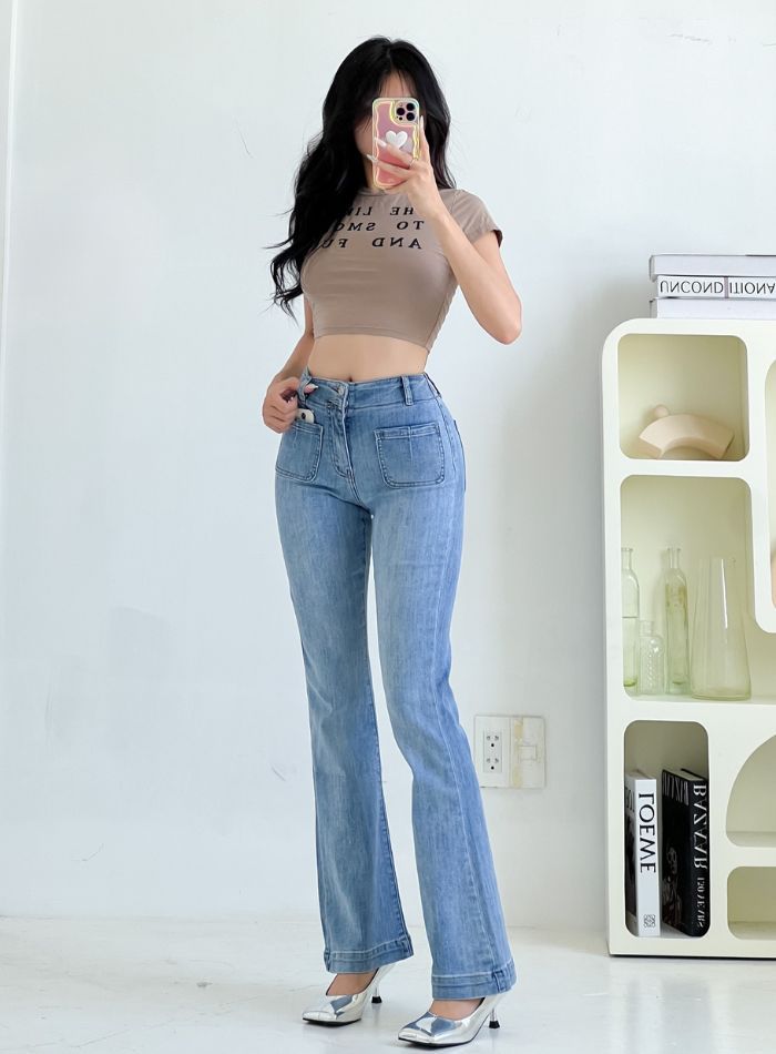  Quần jeans ống loe lưng cao túi trước lai 3 phân co giãn thoải mái chất lượng xuất khẩu HQJeans HQ106 