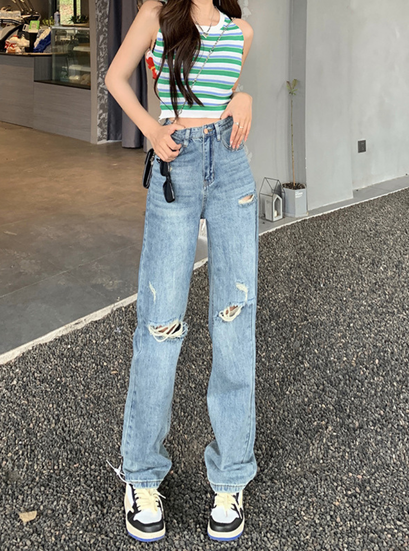  Quần jeans nữ suông đứng dài rách gối HQJeans mới nhất 
