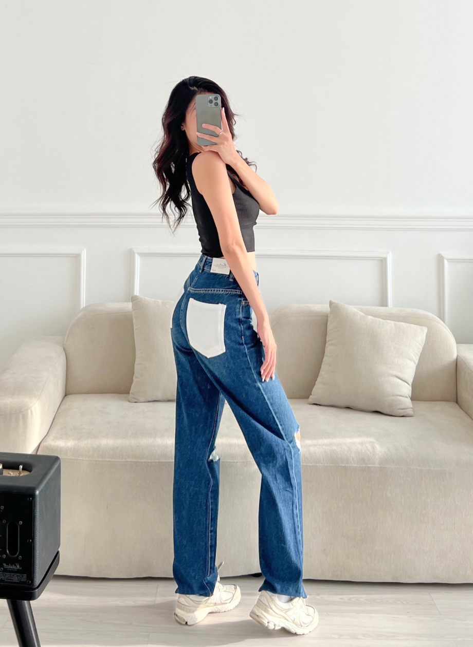  Quần jeans nữ suông đứng dài rách gối HQJeans mới nhất 