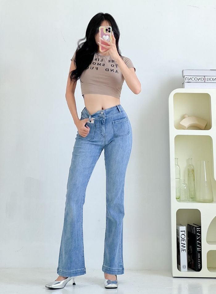  Quần jeans ống loe lưng cao túi trước lai 3 phân co giãn thoải mái chất lượng xuất khẩu HQJeans HQ106 