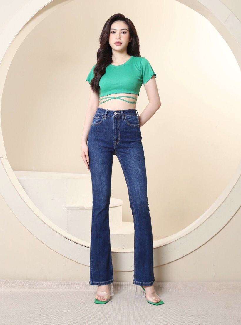  Quần Jean Nữ Ống Loe Lưng Cao Co Giãn Trơn Dài Quá Gót Gấu Thường HQJeans HQ53 